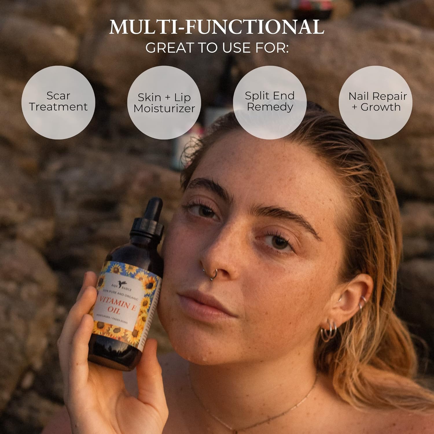 Baja Basics Vitamin E Oil - Organic, Cold Pressed, 100% Pure, Unrefined Moisturizer for Skin, Face, Body, Nails and Hair - Multi-Purpose All Natural Skincare Product For Men and Women - 4 oz Bottle
