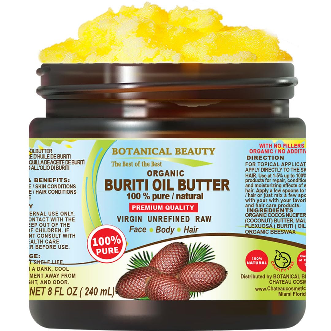 Botanical Beauty Organic BURITI FRUIT OIL BUTTER Pure Natural Virgin Unrefined RAW 8 Fl. Oz.- 240 ml for FACE, SKIN, BODY, DAMAGED HAIR, NAILS. Natural sources of vitamin C, vitamin E