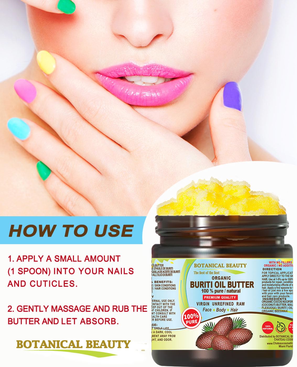 Botanical Beauty Organic BURITI FRUIT OIL BUTTER Pure Natural Virgin Unrefined RAW 8 Fl. Oz.- 240 ml for FACE, SKIN, BODY, DAMAGED HAIR, NAILS. Natural sources of vitamin C, vitamin E