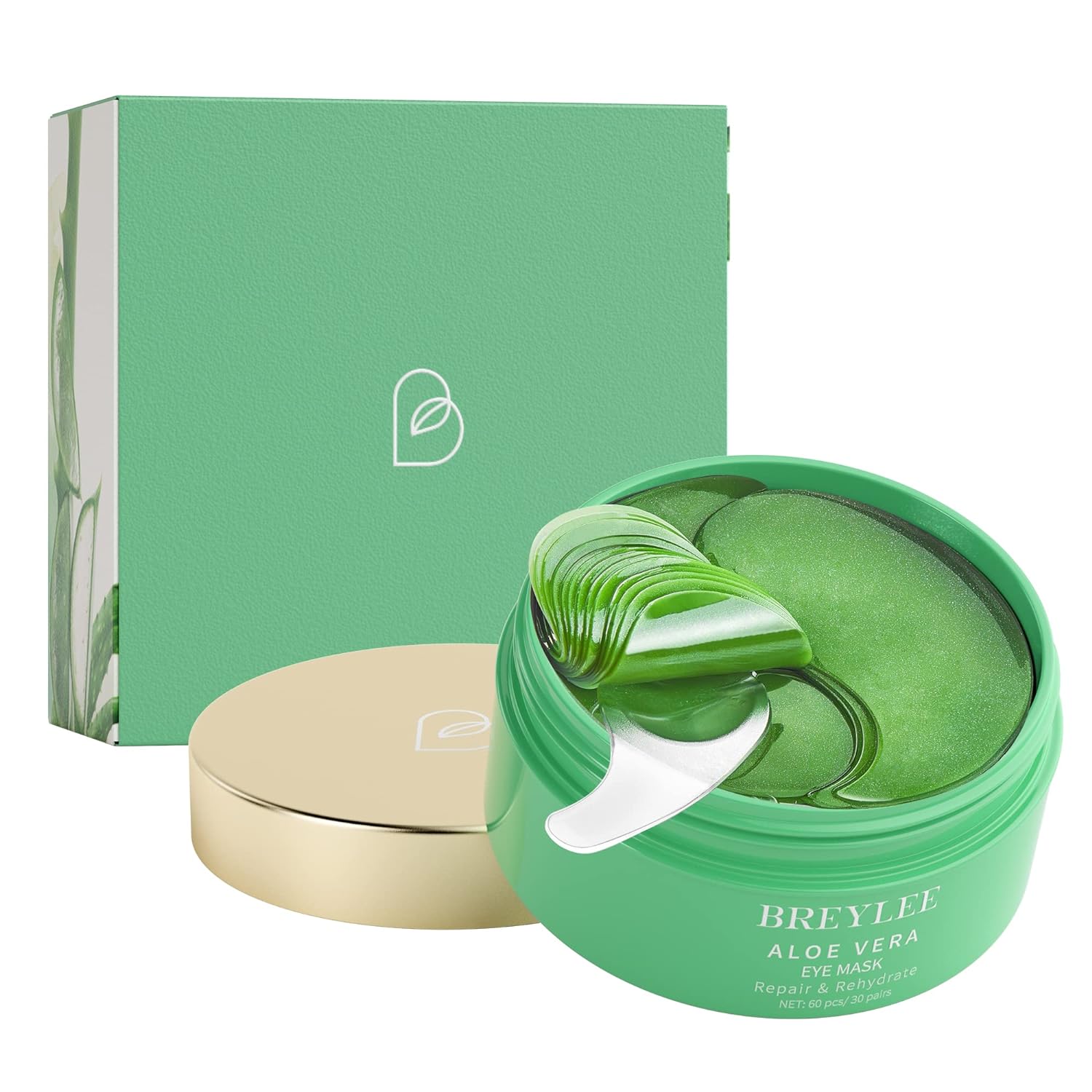 BREYLEE Aloe Vera Eye Masks - 60 Pcs - Reduce Puffy Eyes  Dark Circles, Firm  Improve Under Eye Skin, Pure Natural Extracts for Youthful Appearance  Reduction of Fine Lines and Wrinkles.