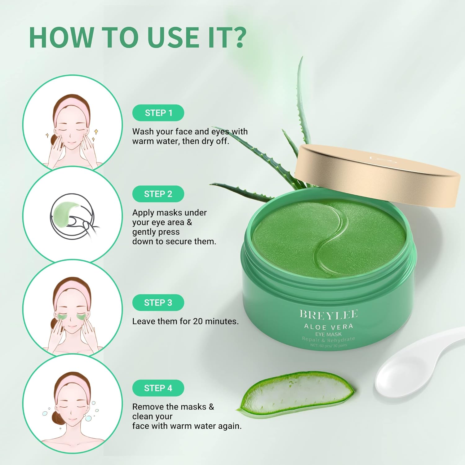 BREYLEE Aloe Vera Eye Masks - 60 Pcs - Reduce Puffy Eyes  Dark Circles, Firm  Improve Under Eye Skin, Pure Natural Extracts for Youthful Appearance  Reduction of Fine Lines and Wrinkles.