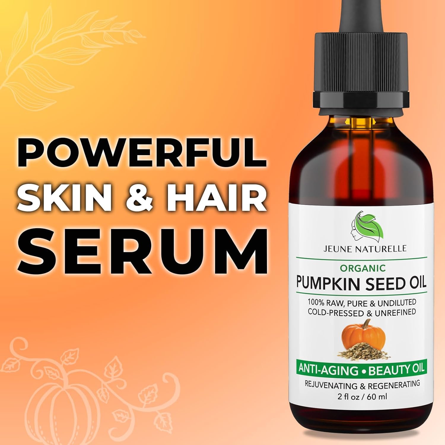 Jeune Naturelle Pumpkin Seed Oil Organic, 100% Pure RAW Cold Pressed Undiluted For Anti Aging Wrinkle Repair Hair Growth, Fast Absorbing, Travel Size, Non-Comedogenic Organic Pumpkin Seed Oil