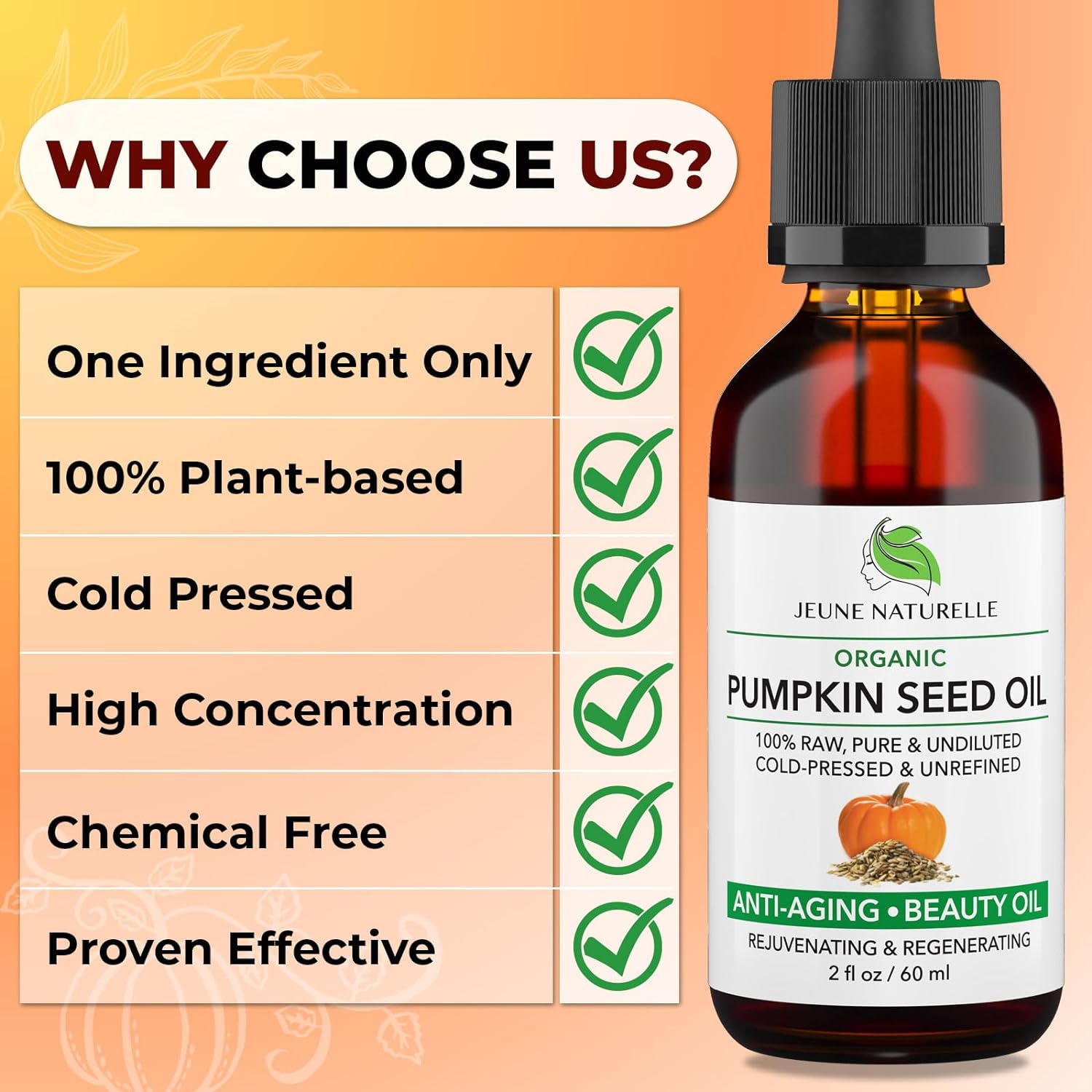 Jeune Naturelle Pumpkin Seed Oil Organic, 100% Pure RAW Cold Pressed Undiluted For Anti Aging Wrinkle Repair Hair Growth, Fast Absorbing, Travel Size, Non-Comedogenic Organic Pumpkin Seed Oil