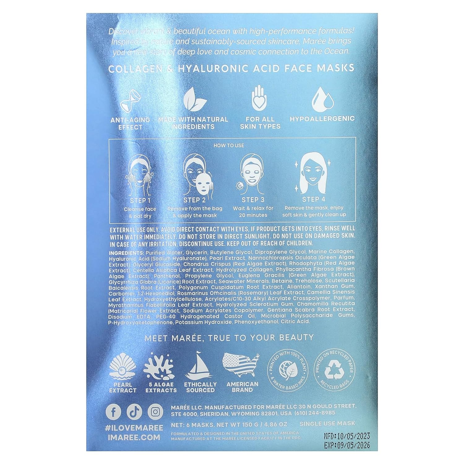 MAREE Cooling Face Masks for Eyes  Beauty - Sheet Masks for Face with Natural Pearl Extract, Marine Collagen  Hyaluronic Acid - Anti Aging Collagen Facial Masks for Wrinkles  Dry Skin, 6 Pack