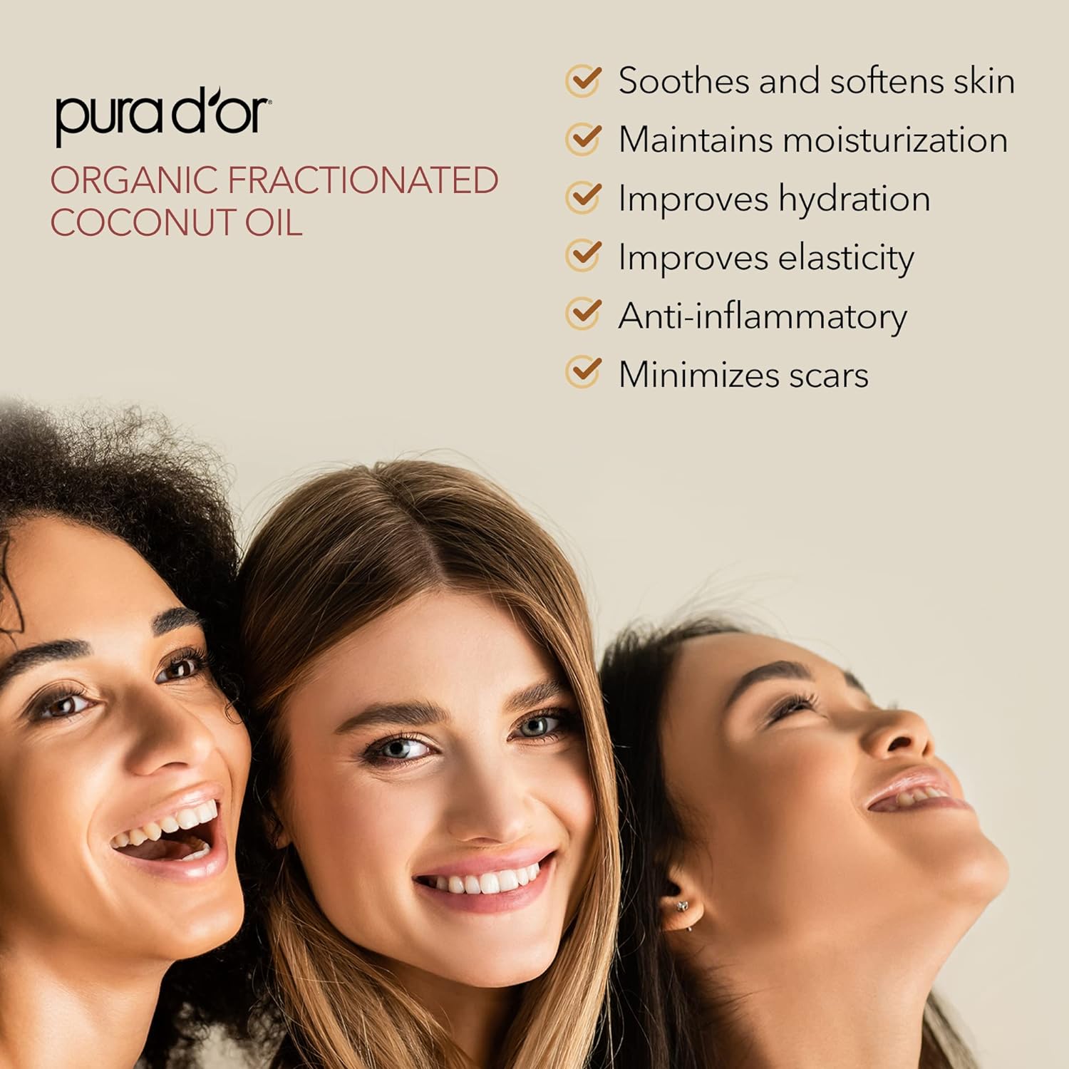 PURA DOR 16 Oz ORGANIC Fractionated Coconut Oil - 100% Pure  Natural USDA Certified Cold Pressed Carrier Oil - Non-Greasy, Unscented, Hexane Free Liquid Moisturizer - Face Skin  Hair - Men  Women