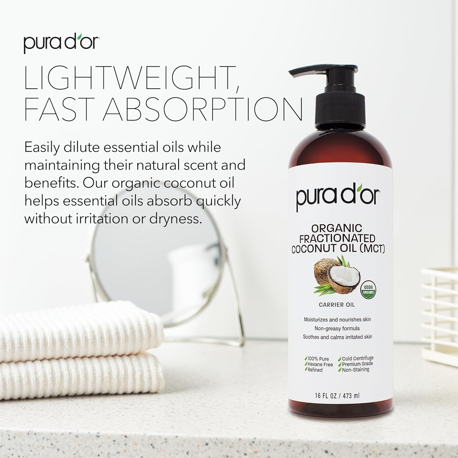 PURA DOR 16 Oz ORGANIC Fractionated Coconut Oil - 100% Pure  Natural USDA Certified Cold Pressed Carrier Oil - Non-Greasy, Unscented, Hexane Free Liquid Moisturizer - Face Skin  Hair - Men  Women