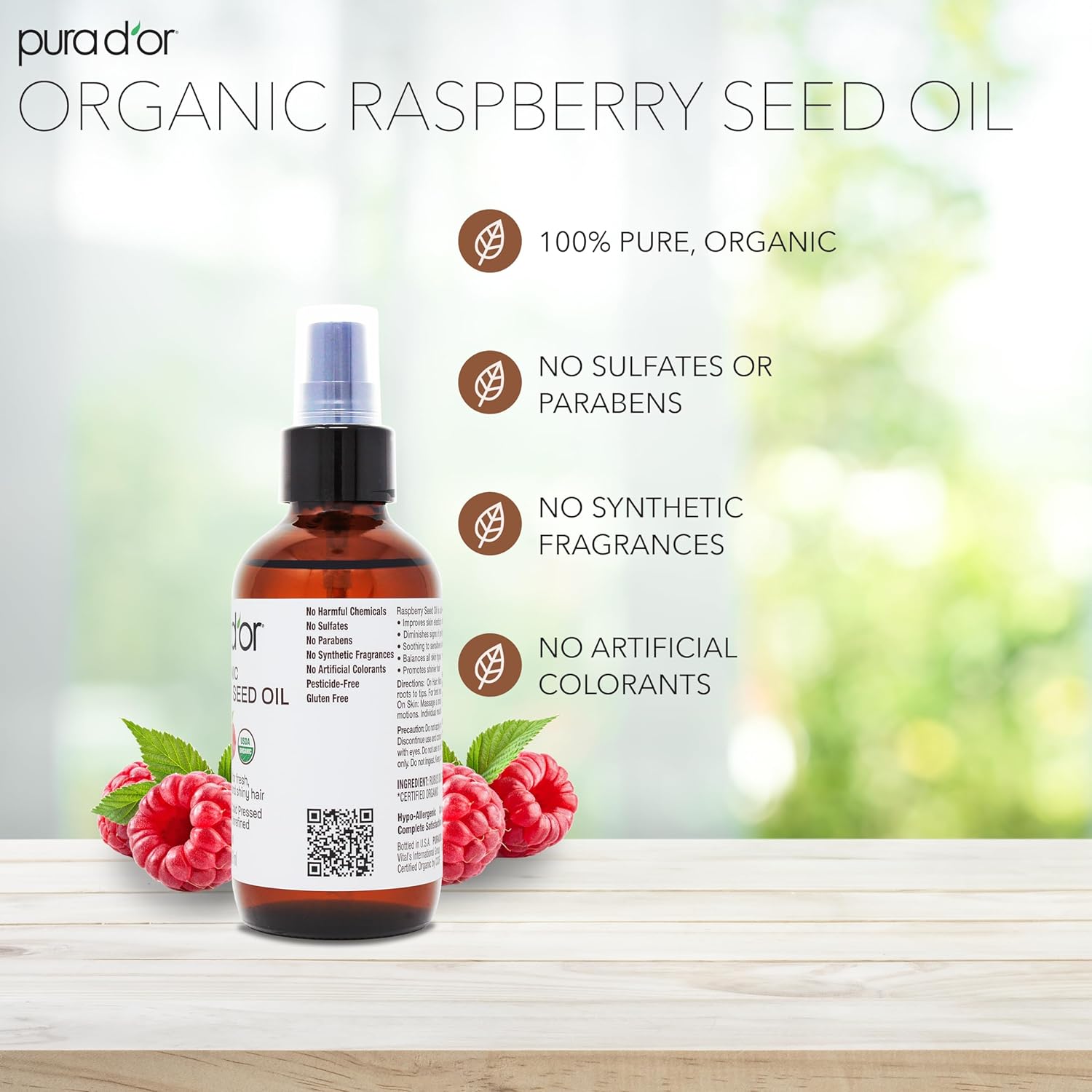PURA DOR 4 Oz Organic Red Raspberry Seed Oil - 100% Pure USDA Certified Premium Grade Scar Oil  Sunscreen For Hair Raspberry Extract - Cold Pressed Body Oil, Unrefined, Hexane-Free Hair Growth Oil