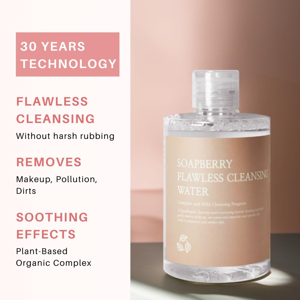 Reboncel Soapberry Flawless Cleansing Micellar Water with Plant-based Organic Complex, Gentle Korean Skin Care Makeup Remover (8.45 fl.oz, 250ml)
