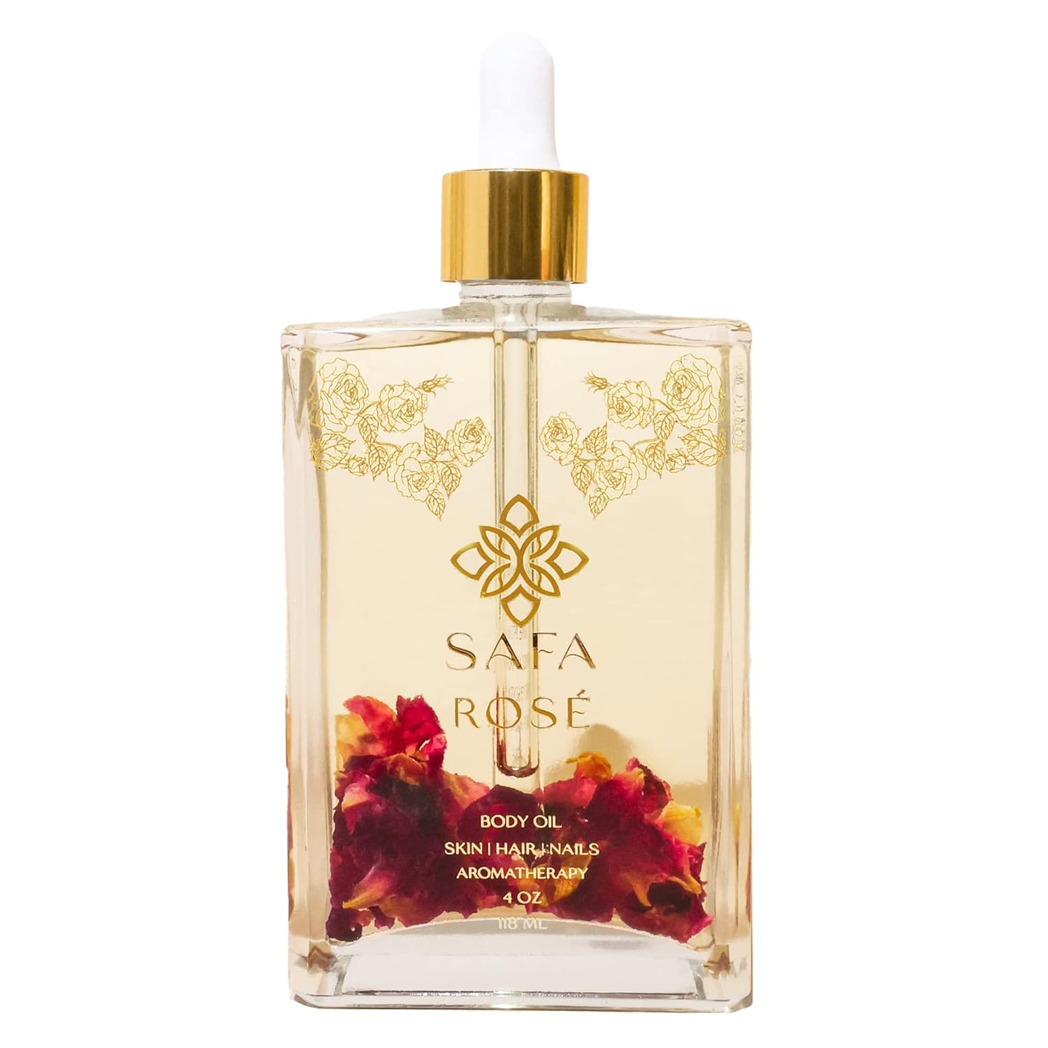 SAFA Rosé Oil - Organic Oil for Face, Body, Hair, Nails  Aromatherapy | Bulgarian Rose Essential Oil  Organic Floating Rose Petals | Moisturizer for Women  Men - 4 Fl Oz