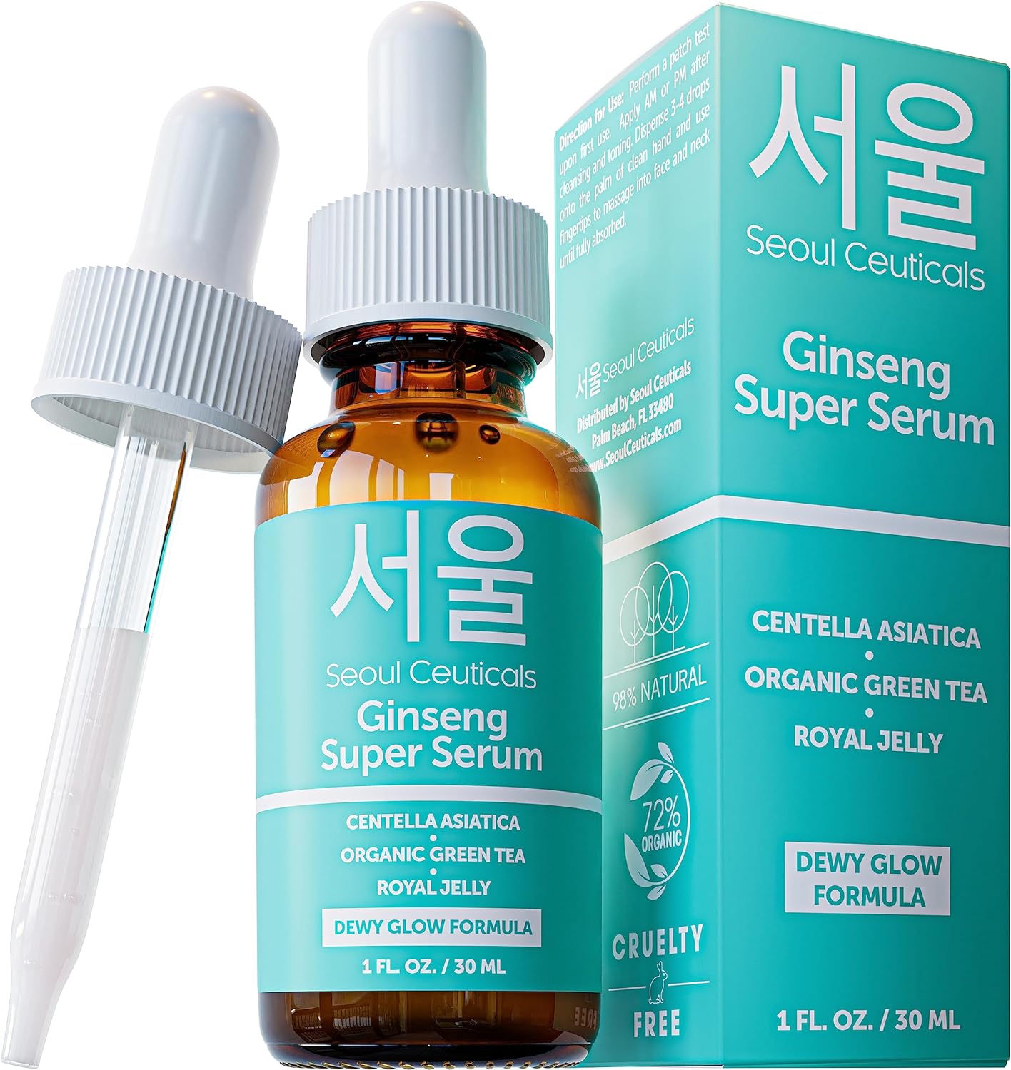 SeoulCeuticals Korean Skin Care Ginseng Serum - K Beauty Skincare with Green Tea + Centella + Royal Jelly - Cruelty Free  Organic for Glass Skin 1oz
