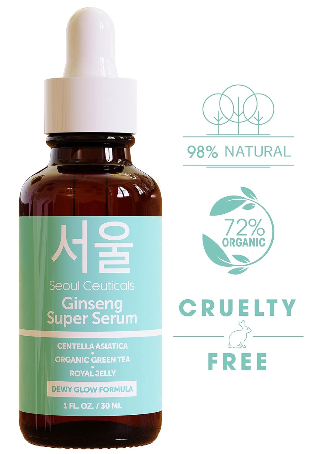 SeoulCeuticals Korean Skin Care Ginseng Serum - K Beauty Skincare with Green Tea + Centella + Royal Jelly - Cruelty Free  Organic for Glass Skin 1oz